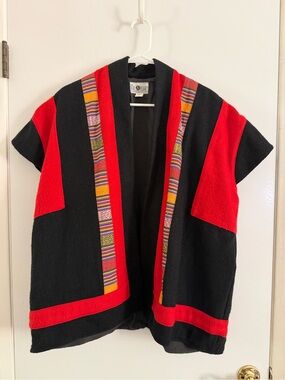 Black & Red Short Sleeve Open Tunic with Multicolor Trim